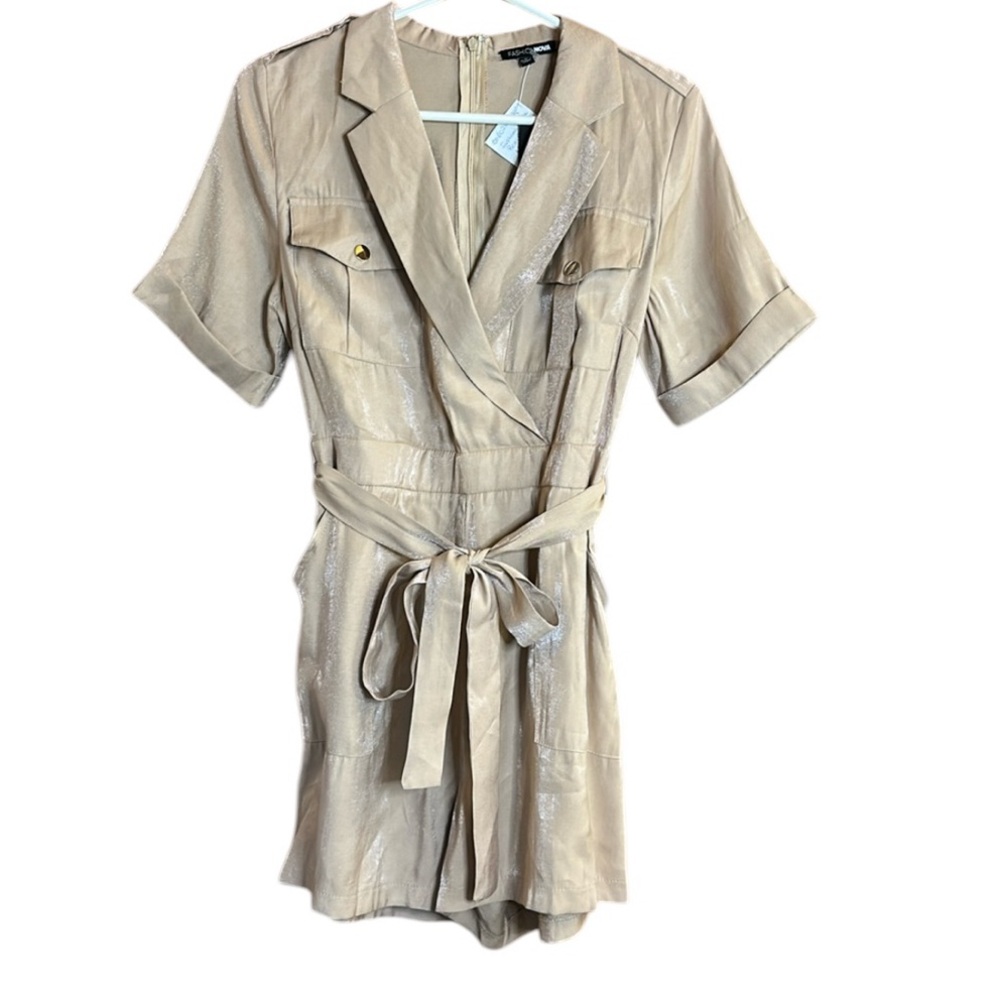 Fashion Nova Safari Sweetie Sparkle Utility Romper. Tie Waist, Zip Back. NWT